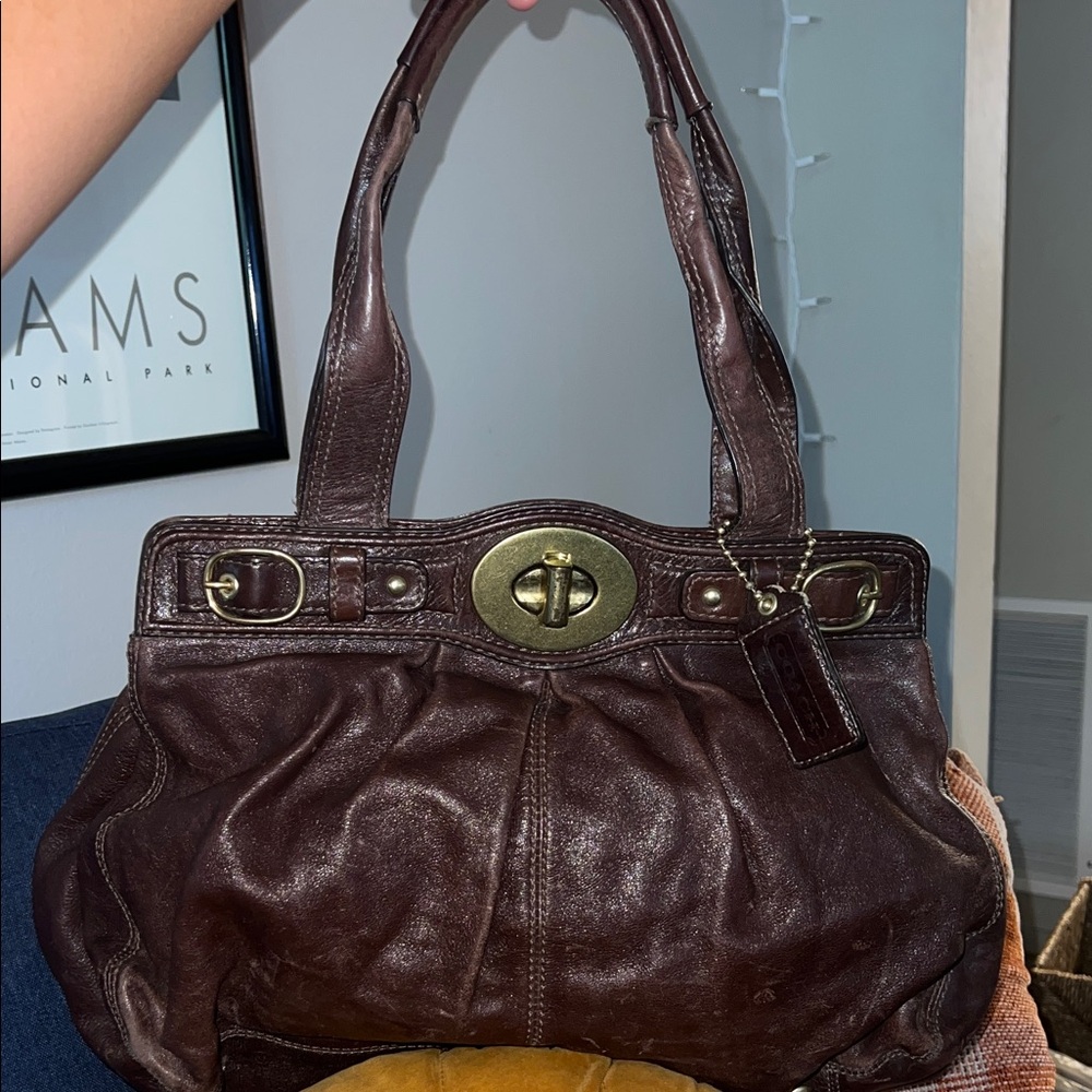 Y2K Coach Dark Brown Turnlock Leather Shoulder Bag